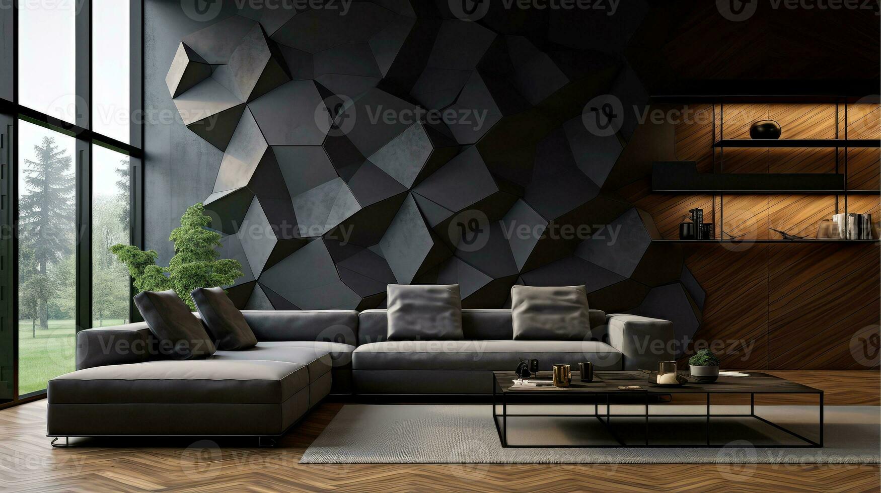 modern leven kamer met houten meetkundig muur, generatief ai foto