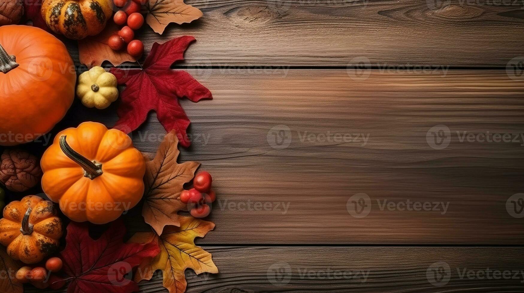 feestelijk herfst decor van pompoenen, bessen en bladeren houten achtergrond. ai gegenereerd foto