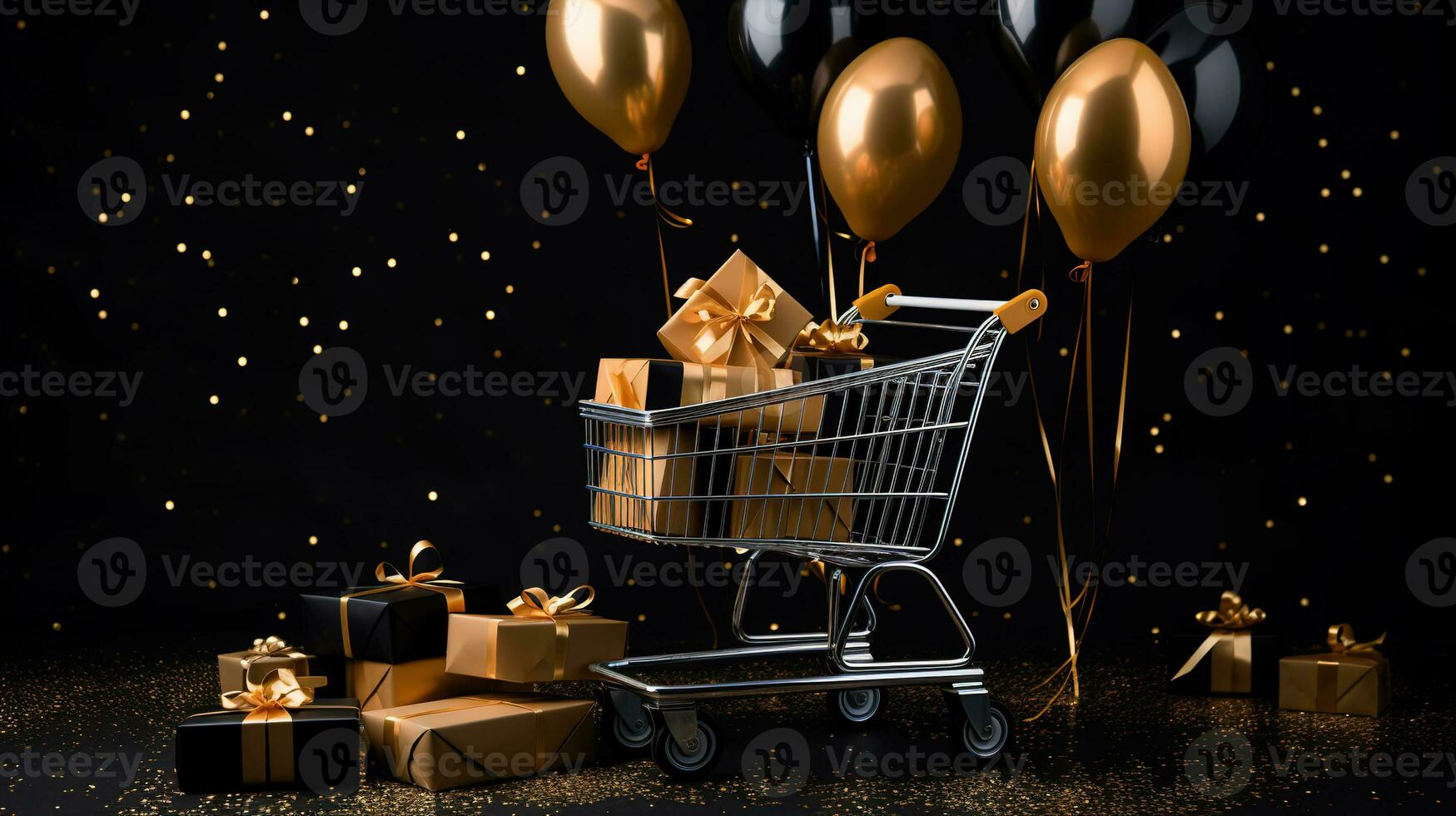 zwart vrijdag uitverkoop en online boodschappen doen concepten, mini boodschappen doen kar draag- met multi zwart en goud geschenk doos. ai gegenereerd foto