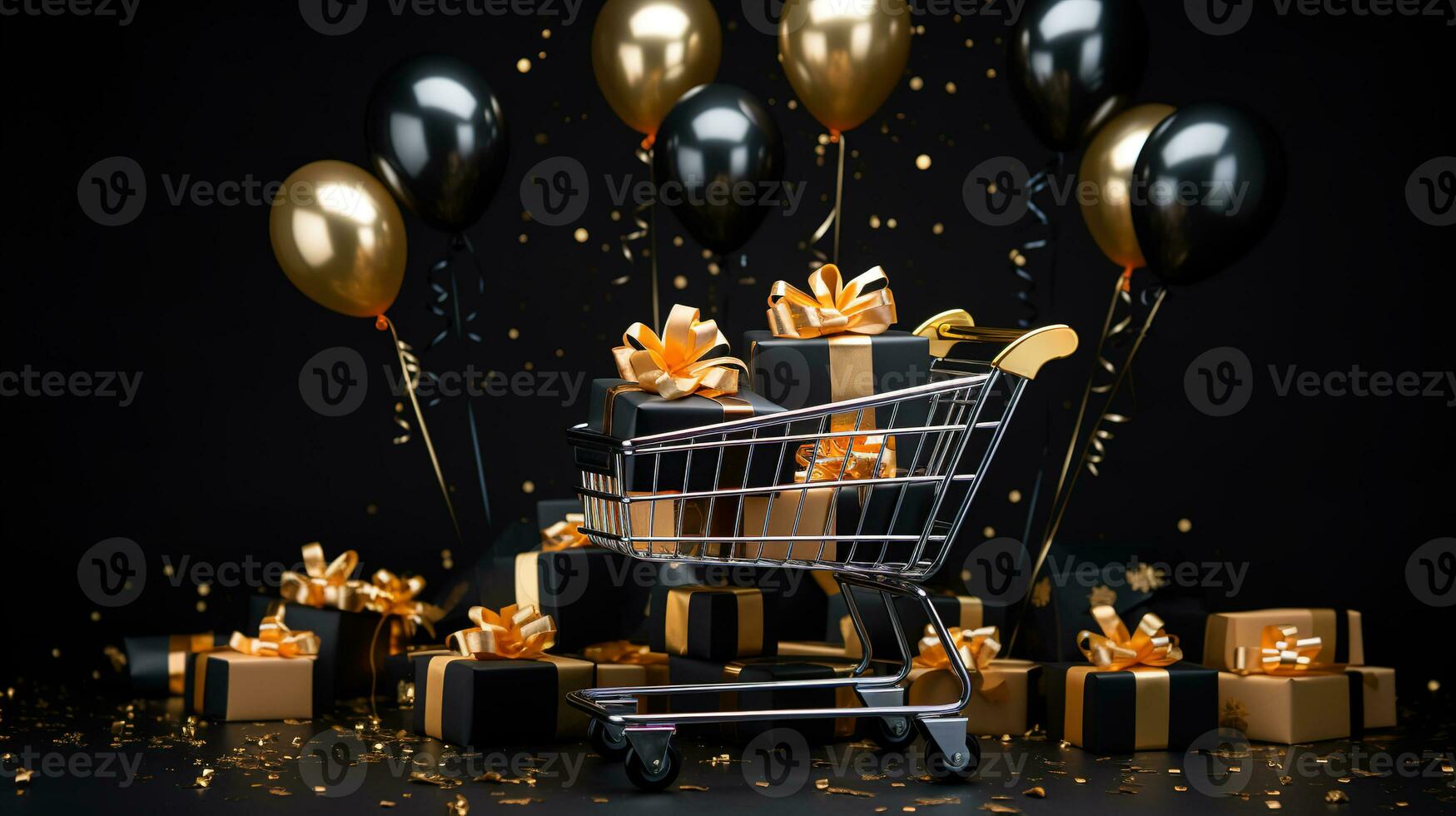 zwart vrijdag uitverkoop en online boodschappen doen concepten, mini boodschappen doen kar draag- met multi zwart en goud geschenk doos. ai gegenereerd foto