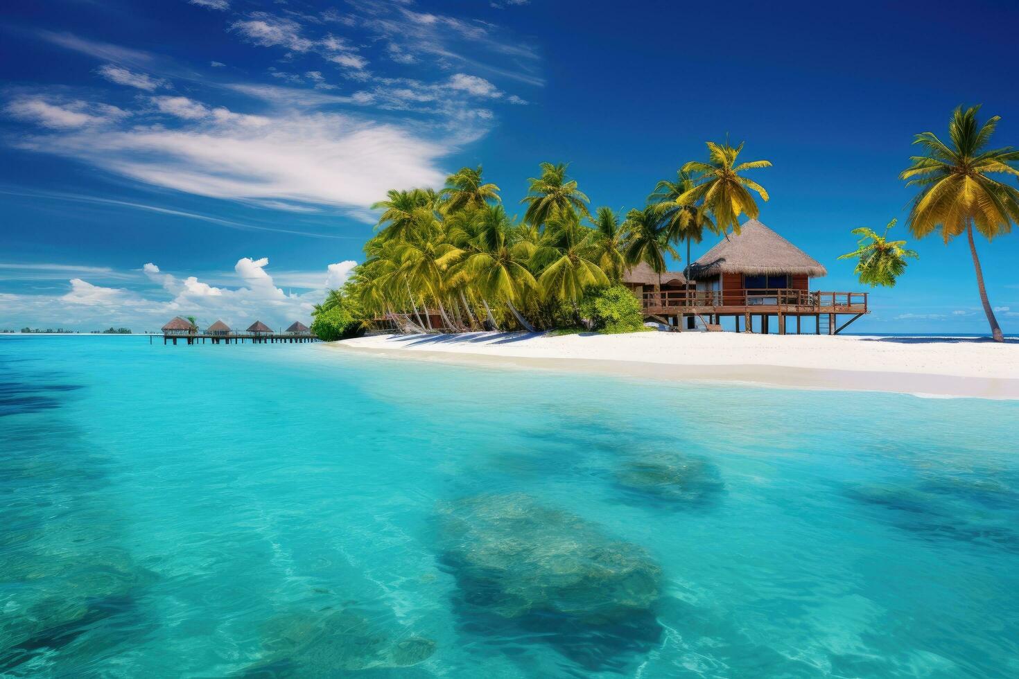 tropisch strand Aan Maldiven met weinig palm bomen en blauw lagune, Maldiven eilanden tropisch, ai gegenereerd foto