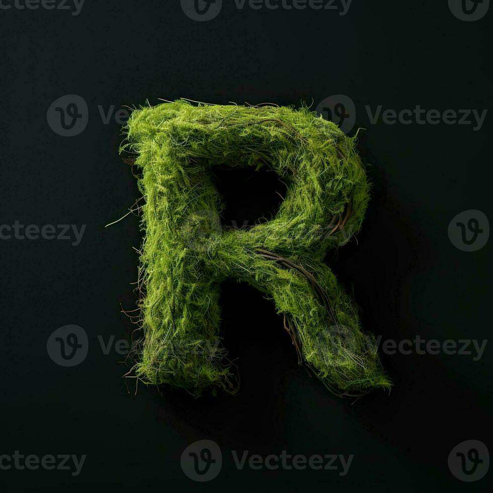 brief r met mos. groot zacht Woud lettertype. groen typografisch symbool gemaakt van bladeren. concept van comfort, natuur en ecologie. ai gegenereerd foto