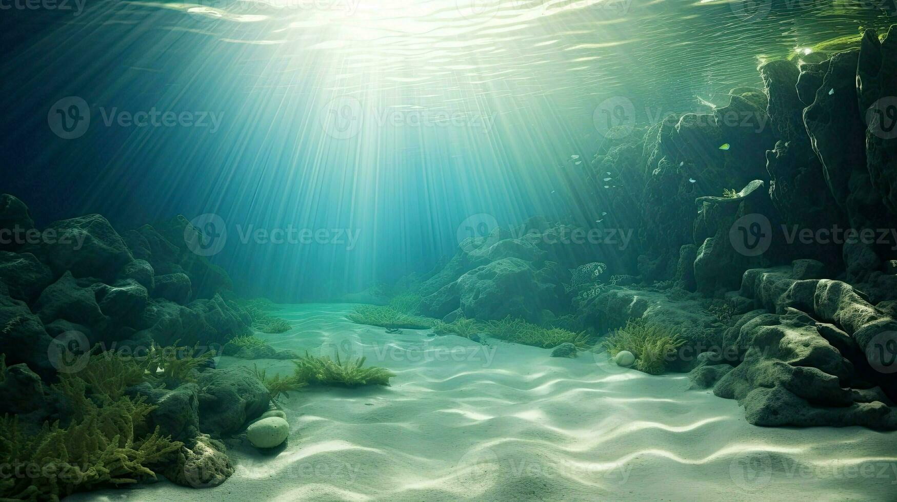 onderwater- wereld, mooi tropisch marinier landschap. algen, rotsen en koraal riffen. leven in zee of oceaan. blauw water met stralen van zonlicht. ai gegenereerd foto