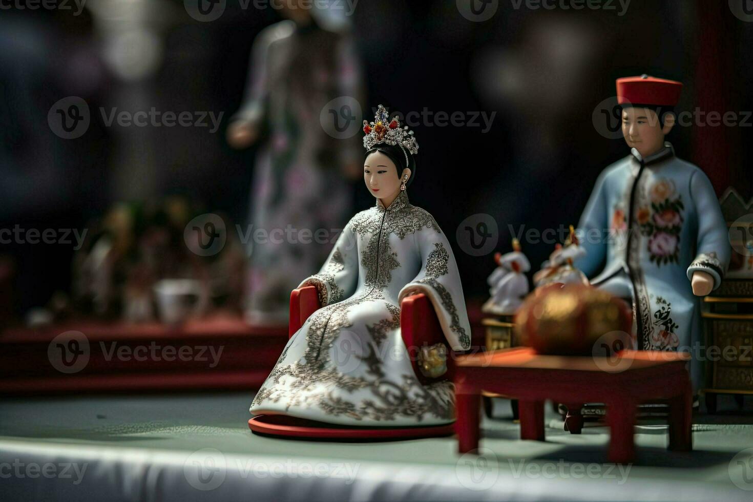 Chinese bruiloft in miniatuur stijl. man en vrouw in traditioneel Chinese kleren. concept van liefde, traditie, familie en verhoudingen. Aziatisch Mens en vrouw gemaakt met generatief ai technologie foto