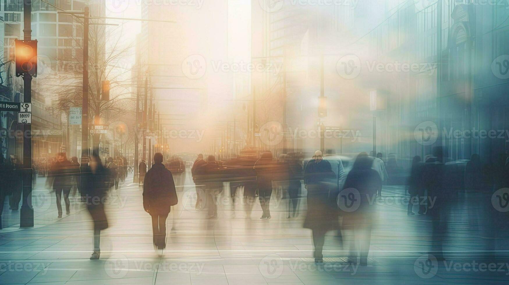 wazig mensen wandelen naar beneden een stad straat. concept van snel modern leven. menselijk menigte in beweegt in dynamiek. mist stad. ai gegenereerd foto