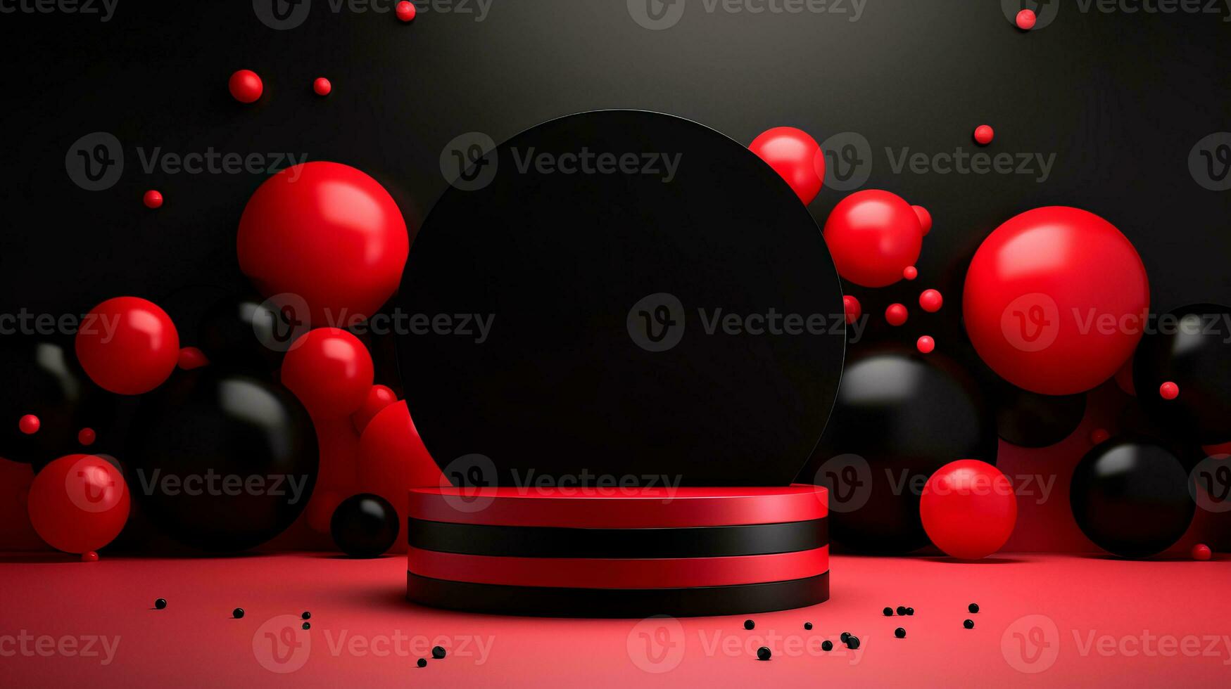 rood en zwart bollen over- rood oppervlakte en zwart achtergrond. zwart vrijdag concept. sjabloon mockup voor tekst, logo en Product presentatie. ai generatief foto