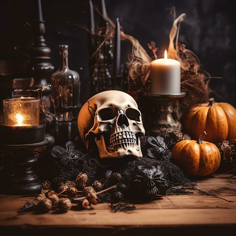 halloween decoratief Aan houten tafel top met wazig nacht tafereel achtergrond, ai gegenereerd foto