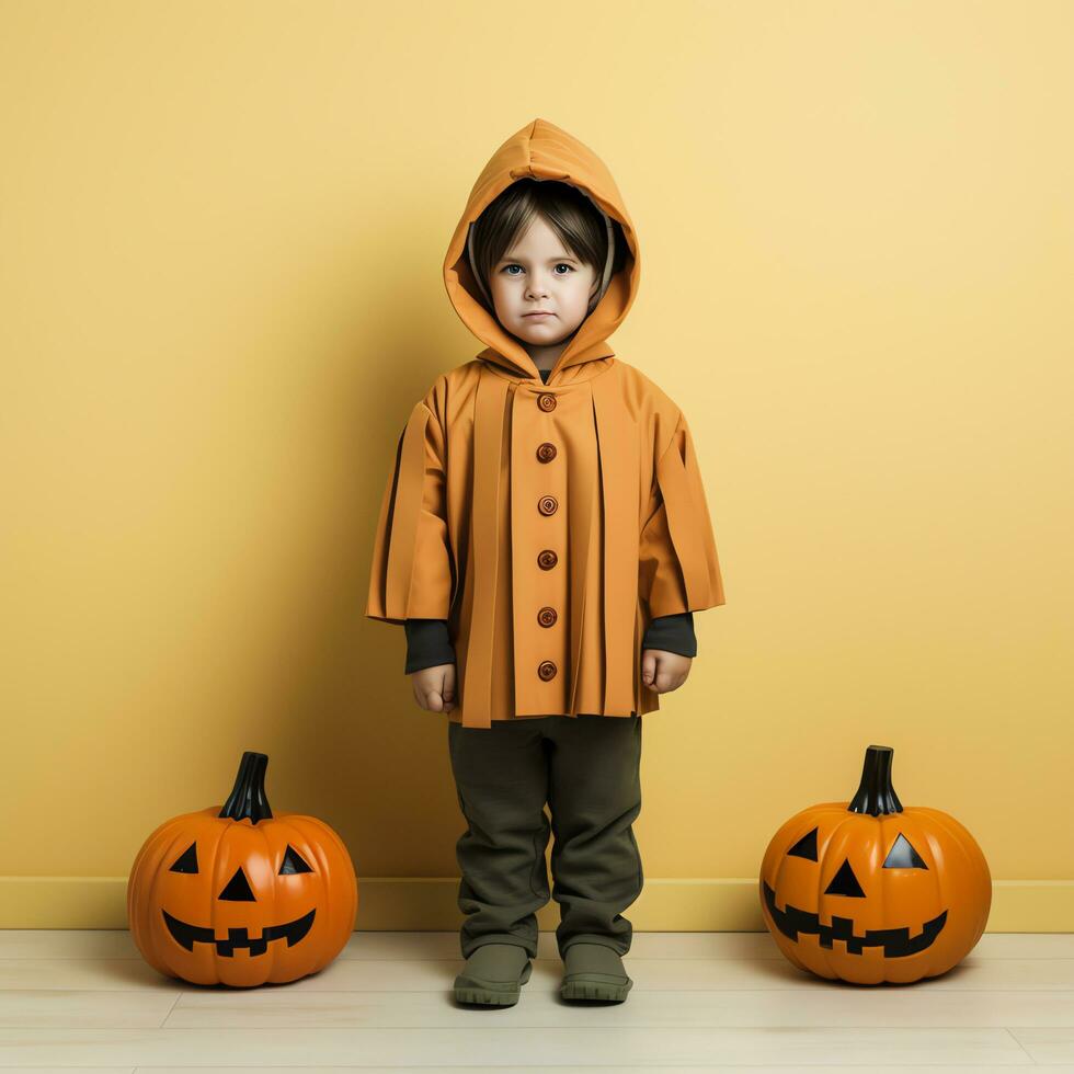 gelukkig halloween kind concept, een jongen vervelend halloween kostuum, ai gegenereerd foto