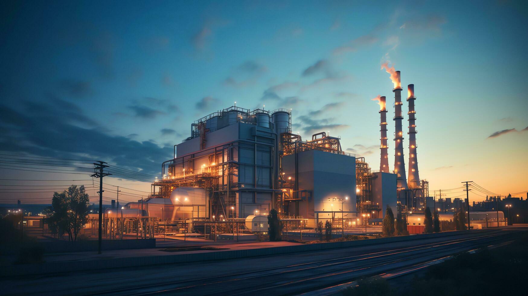 panoramisch visie van gas- turbine elektrisch macht fabriek in schemering lucht achtergrond, industrie concept, ai gegenereerd foto