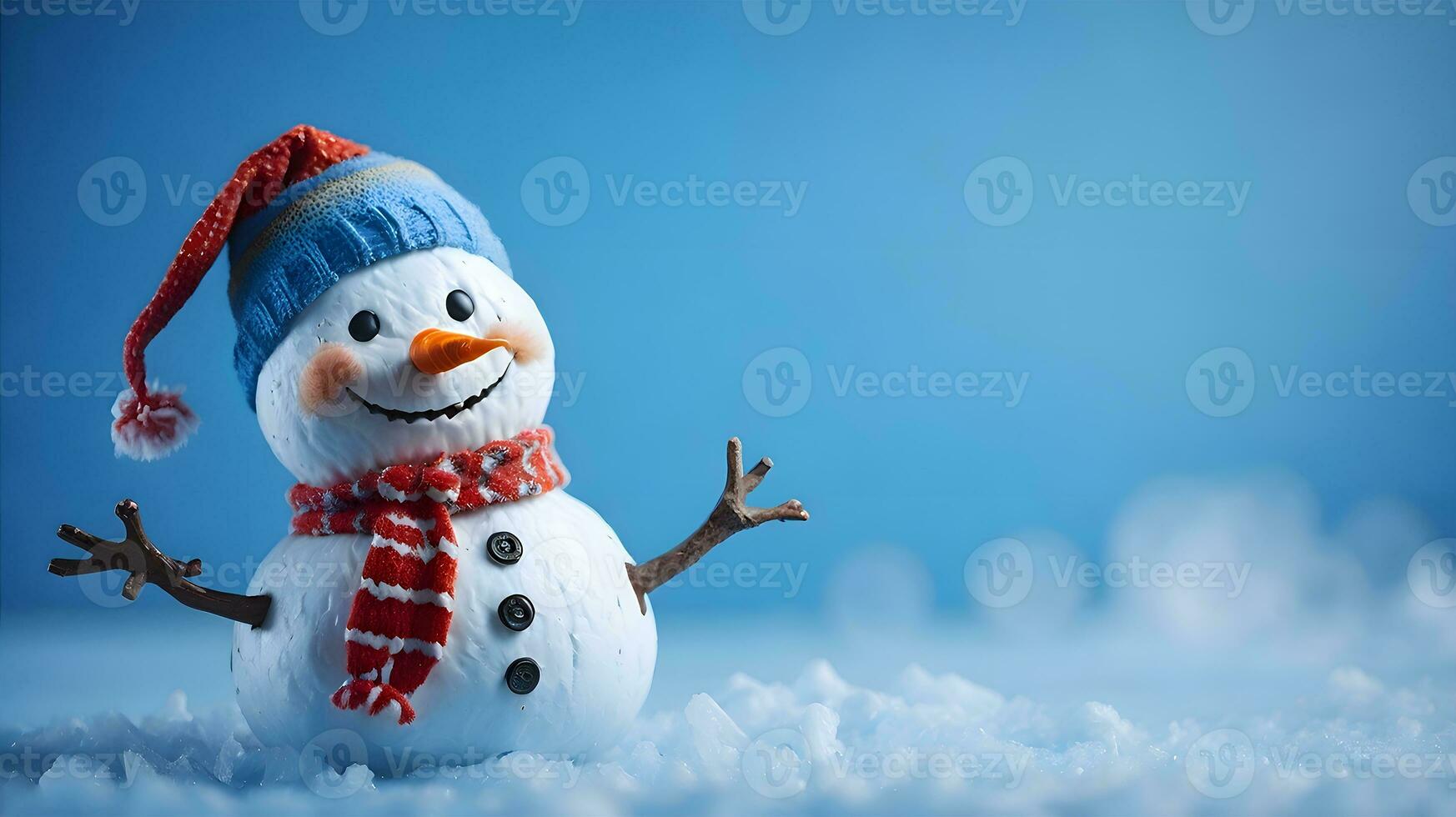 een gelukkig vrolijk sneeuwman Aan een blauw winter achtergrond.generatief ai. foto