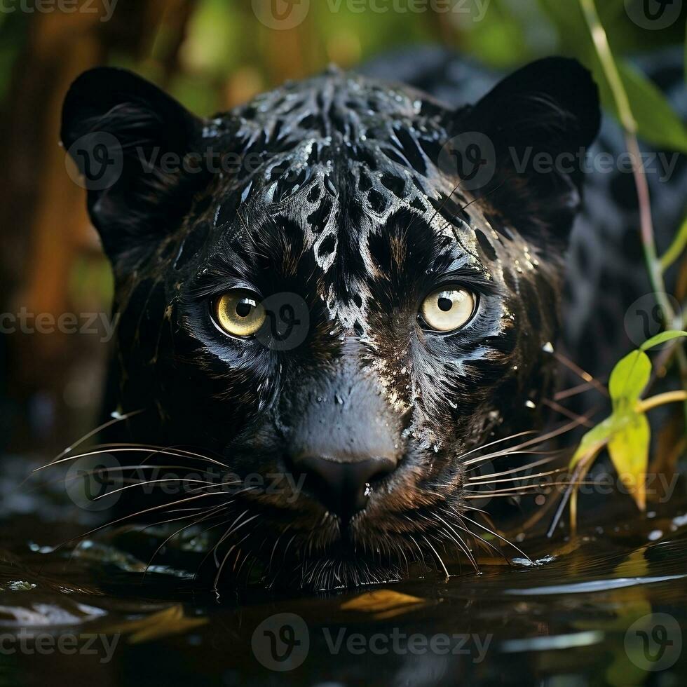 een zwart luipaard schuilt achter de bladeren in de oerwoud ai generatief foto