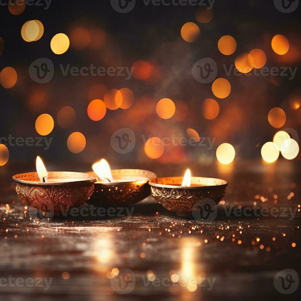 diwali achtergrond met kopiëren ruimte. een lit kaars Aan een houten tafel, met een wazig bokeh achtergrond van lichten. perfect voor reclame, spandoeken, en sociaal media posten. generatief ai foto