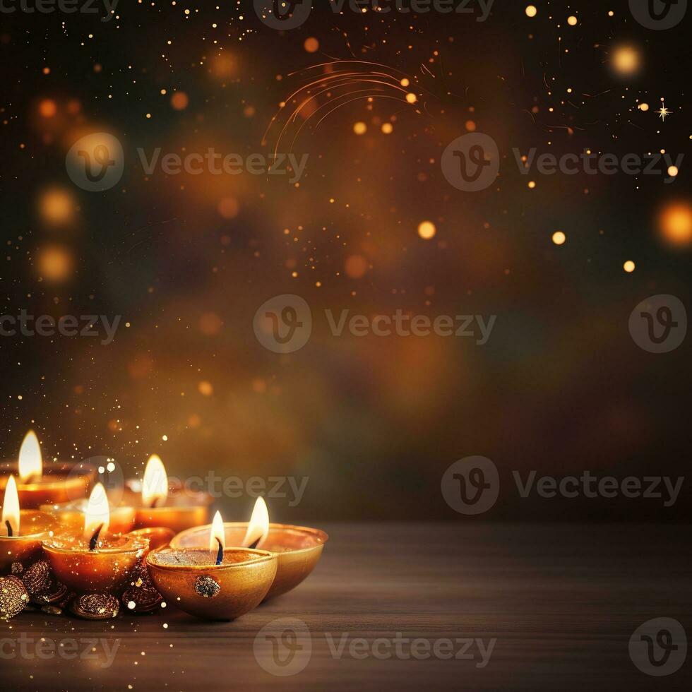 diwali achtergrond met kopiëren ruimte. een lit kaars Aan een houten tafel, met een wazig bokeh achtergrond van lichten. perfect voor reclame, spandoeken, en sociaal media posten. generatief ai foto