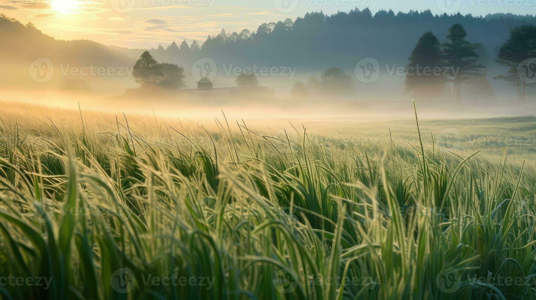 weide veld- ochtend- Woud landschap ai gegenereerd foto