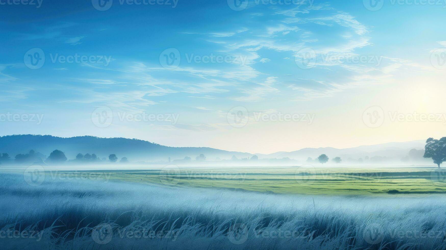 groen blauw ochtend- gras landschap ai gegenereerd foto