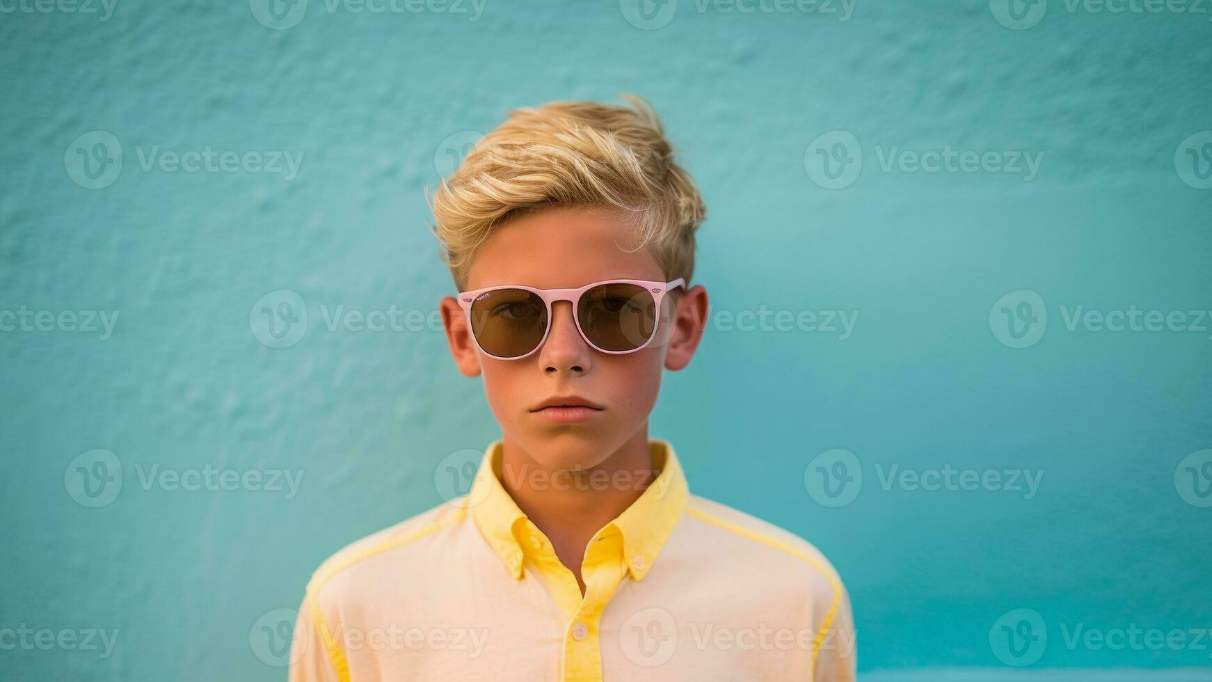 mode portret van een elegant jongen in zonnebril Aan een zomer, ai generatief foto