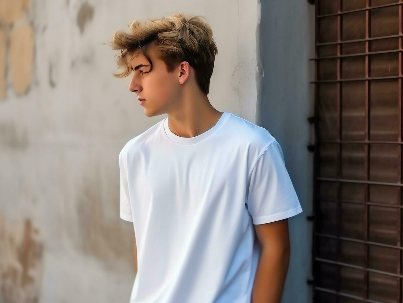 schattig jongen vervelend blanco leeg wit t-shirt mockup voor ontwerp sjabloon, ai gegenereerd foto