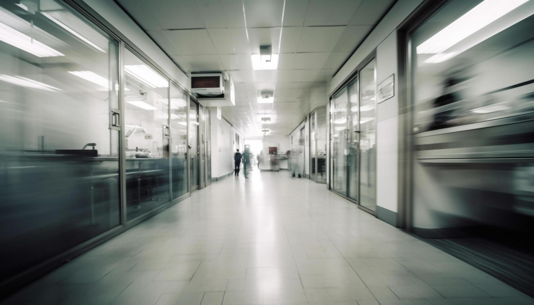 wandelen door modern metro station, wazig beweging, verdwijnen punt gegenereerd door ai foto