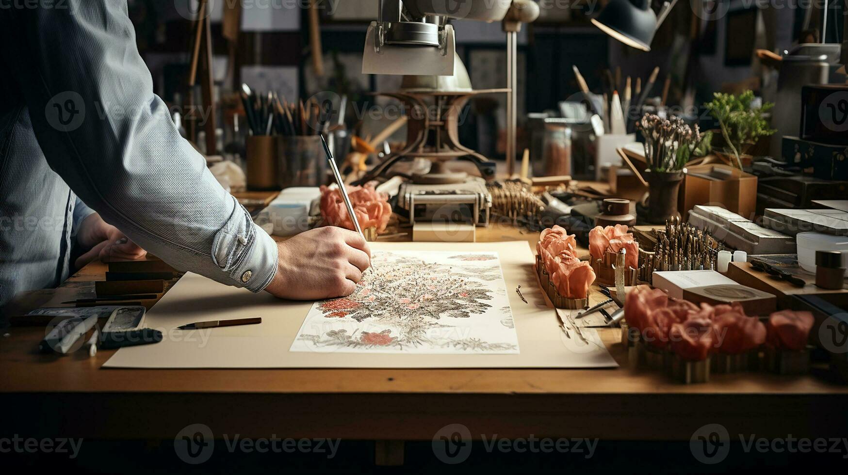 foto van een schilder artiest is voorbereidingen treffen schilderij gereedschap Bij een werkbank binnen studio. generatief ai