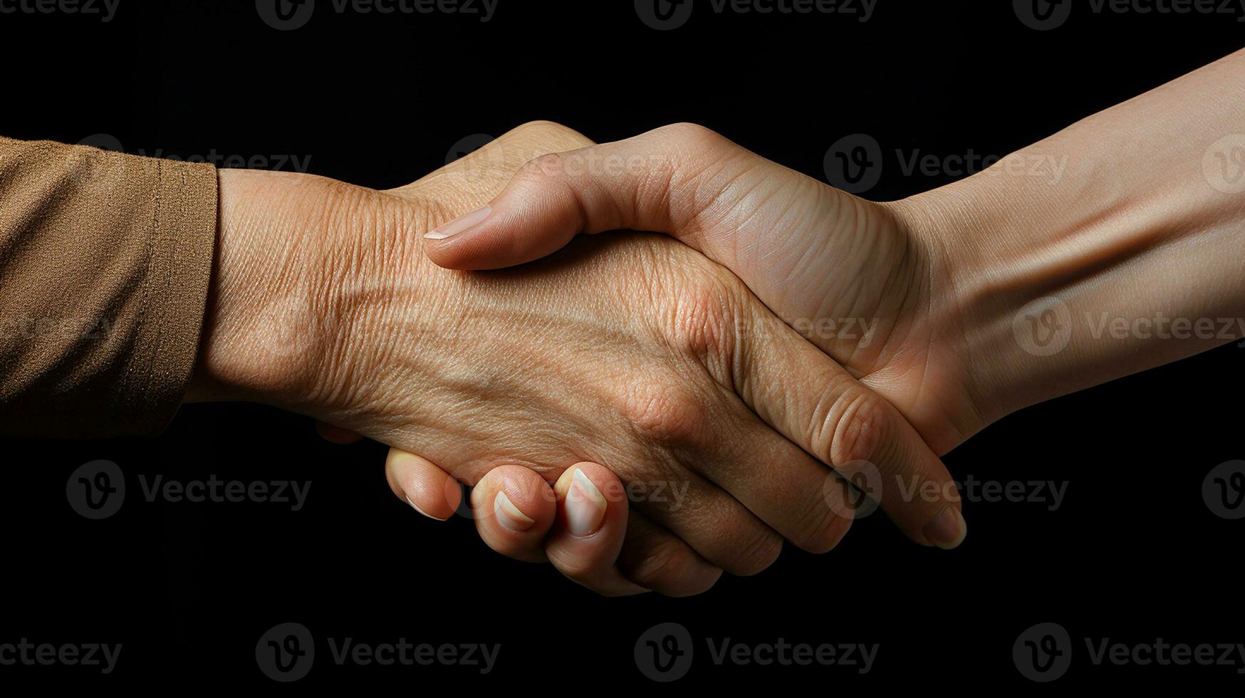 foto dichtbij omhoog van hand- gedurende hand- schudden. oud mensen handen en jong mensen hand- gedurende hand- schudden. geïsoleerd Aan zwart achtergrond. generatief ai