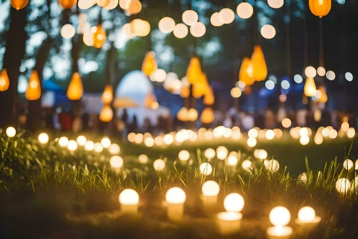 veel kaarsen zijn lit in de gras. ai-gegenereerd foto