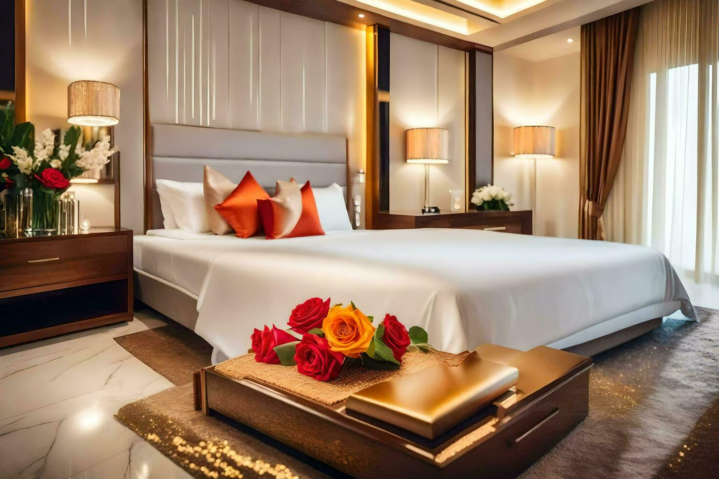 een bed of bedden in een kamer Bij de groots hotel. ai-gegenereerd foto