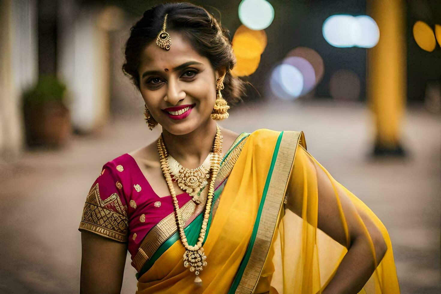 een vrouw in een geel sari en goud sieraden. ai-gegenereerd foto