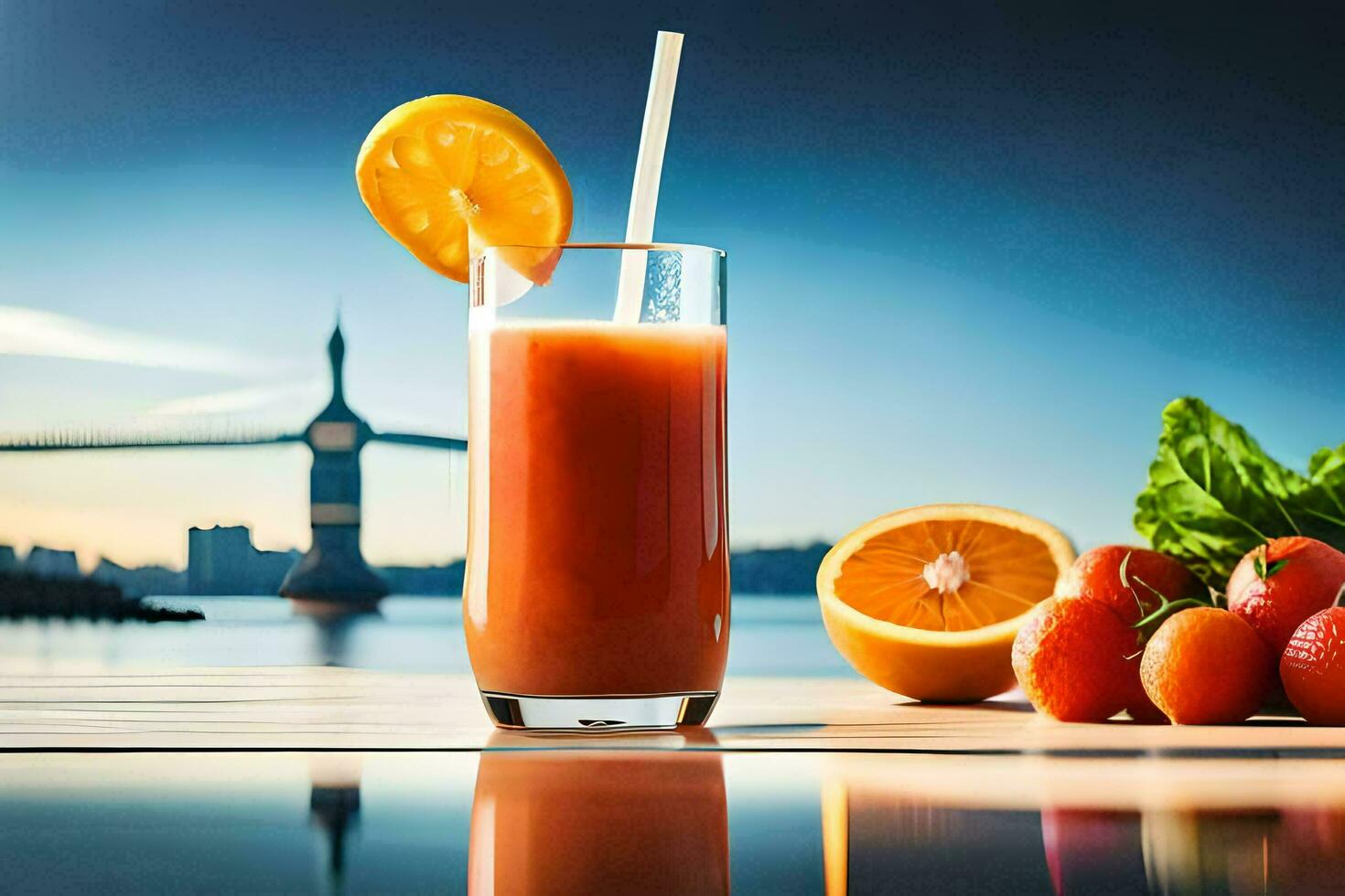 een glas van sap met een oranje plak en aardbeien. ai-gegenereerd foto