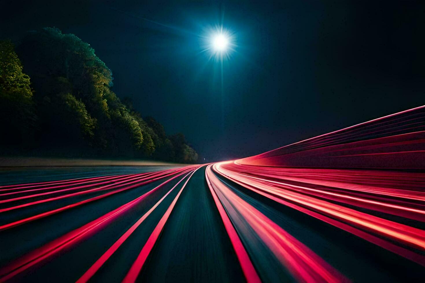 een lang blootstelling fotograaf van een snelweg Bij nacht. ai-gegenereerd foto