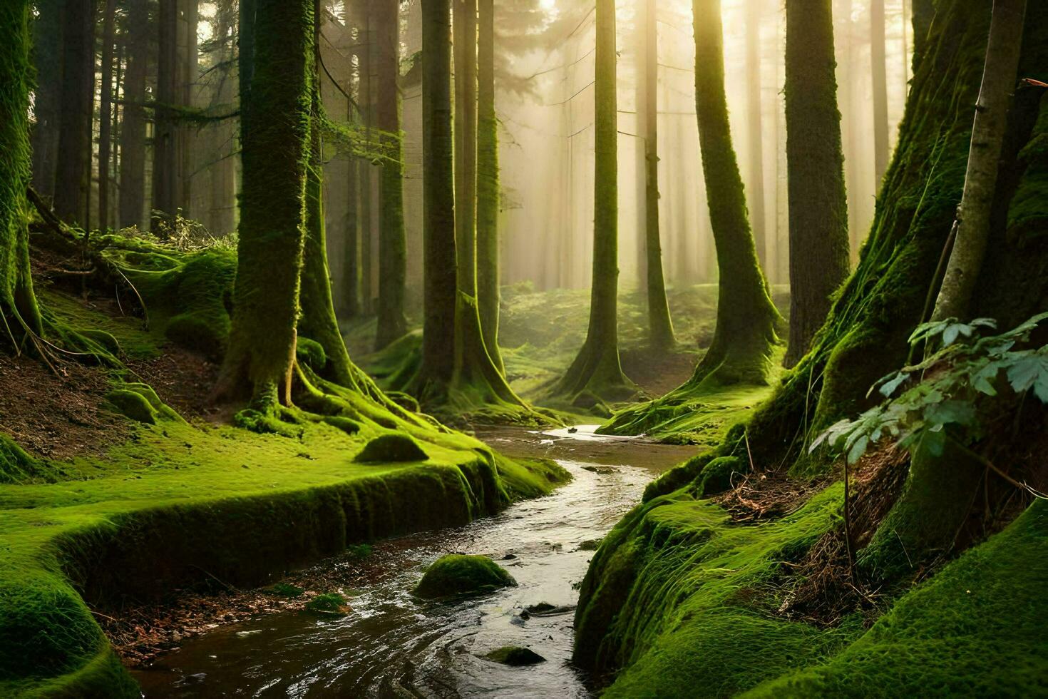 een stroom loopt door een groen Woud met bemost bomen. ai-gegenereerd foto