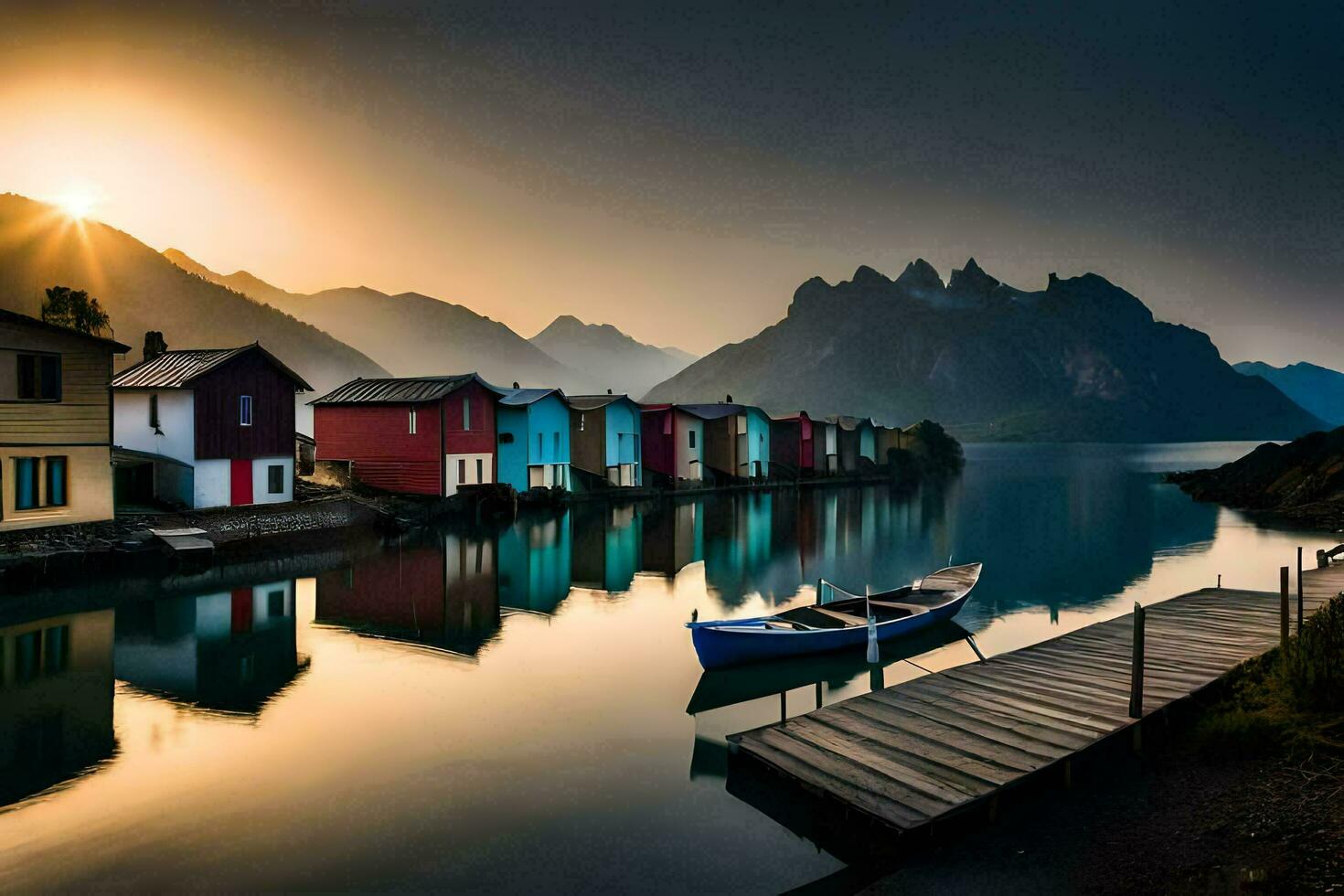 kleurrijk huizen Aan de water Bij zonsondergang. ai-gegenereerd foto