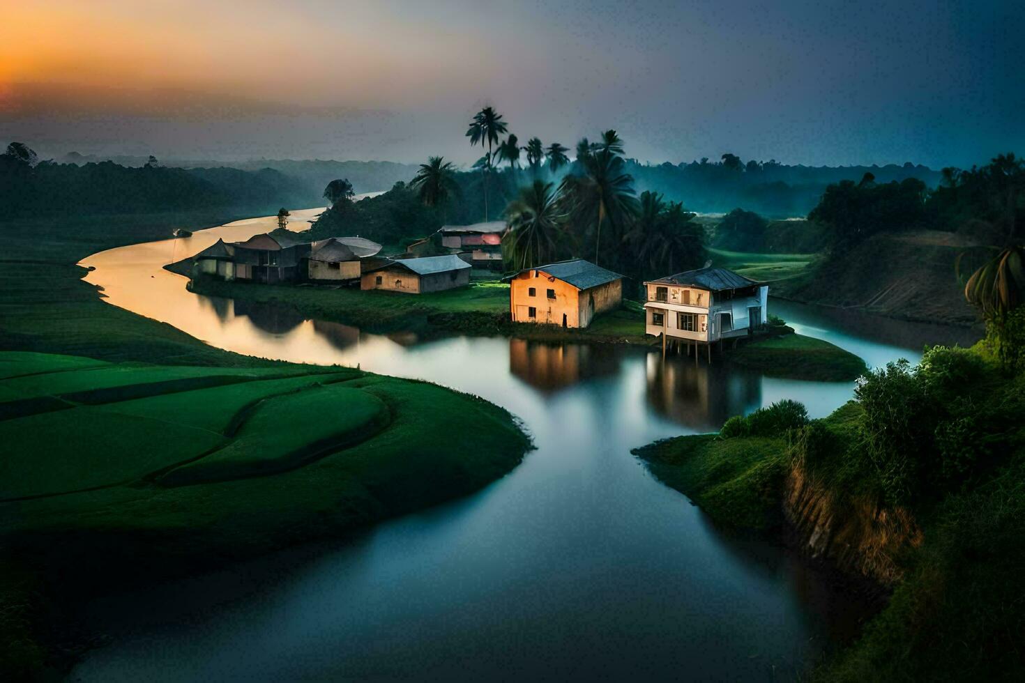 de zonsopkomst over- de rivier. ai-gegenereerd foto