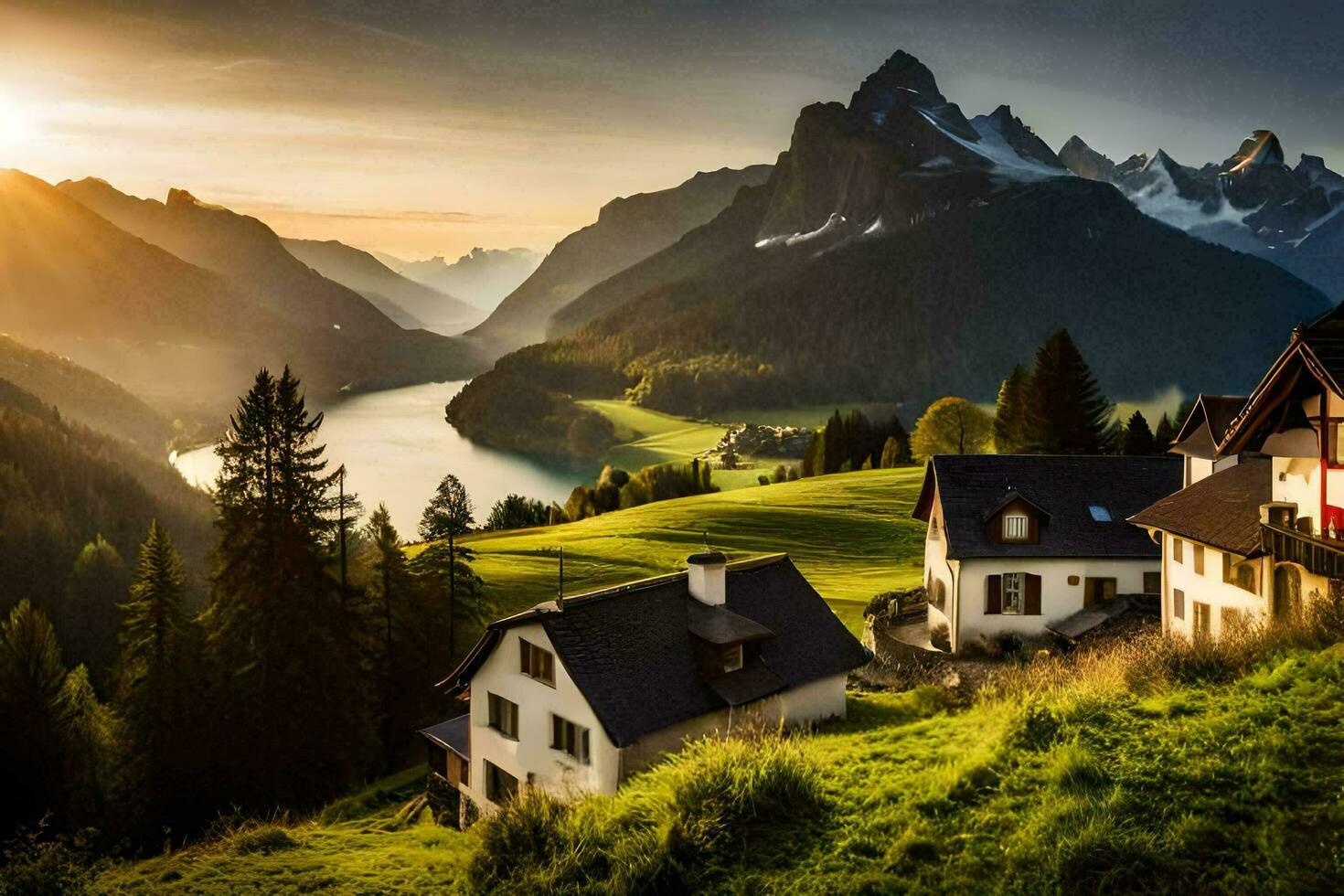 de zon stijgt over- de bergen en de dorp van alpbach, Zwitserland. ai-gegenereerd foto