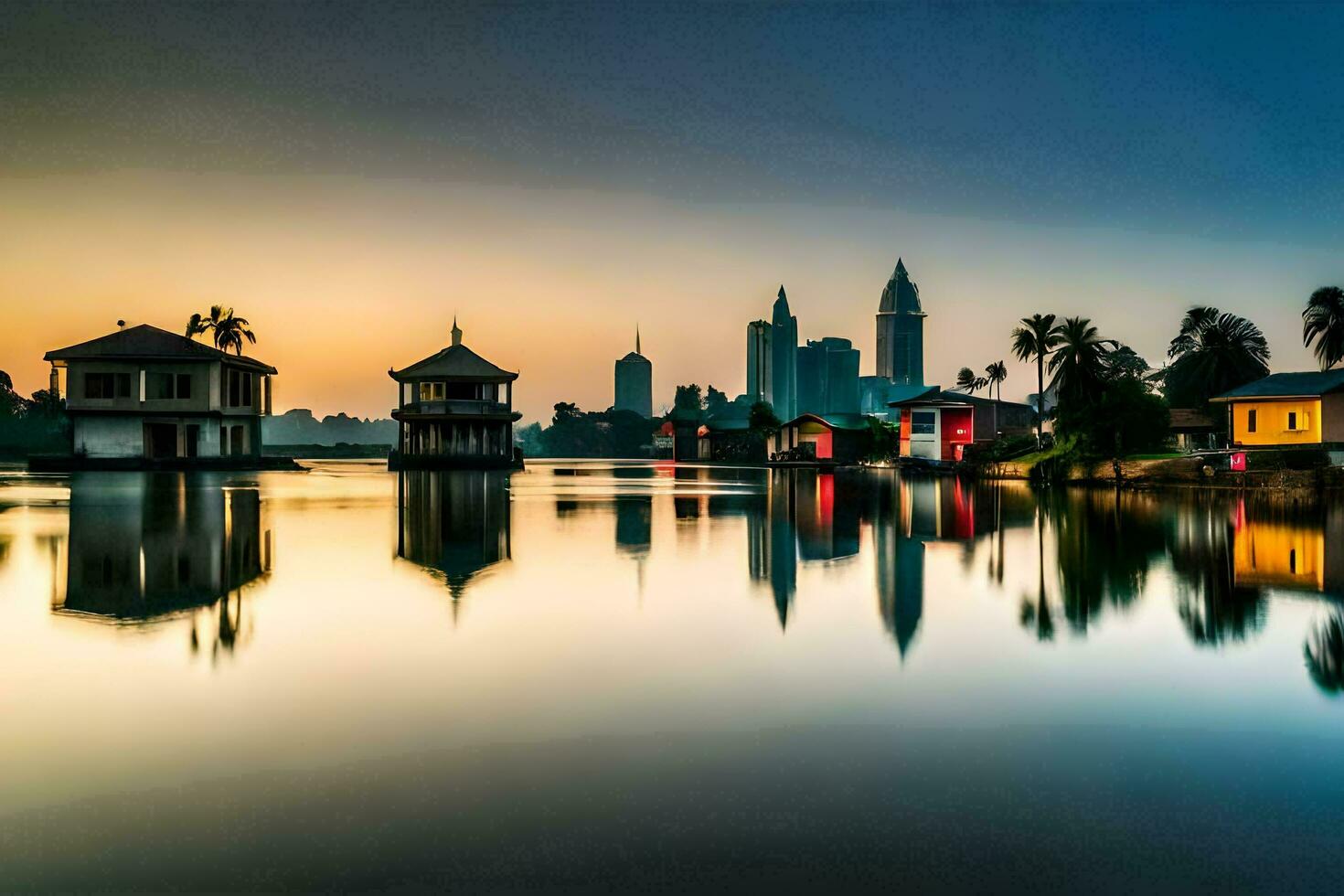 de stad horizon is weerspiegeld in de water. ai-gegenereerd foto