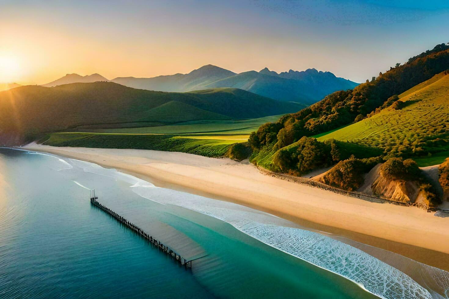 een strand met een pier en bergen Bij zonsondergang. ai-gegenereerd foto