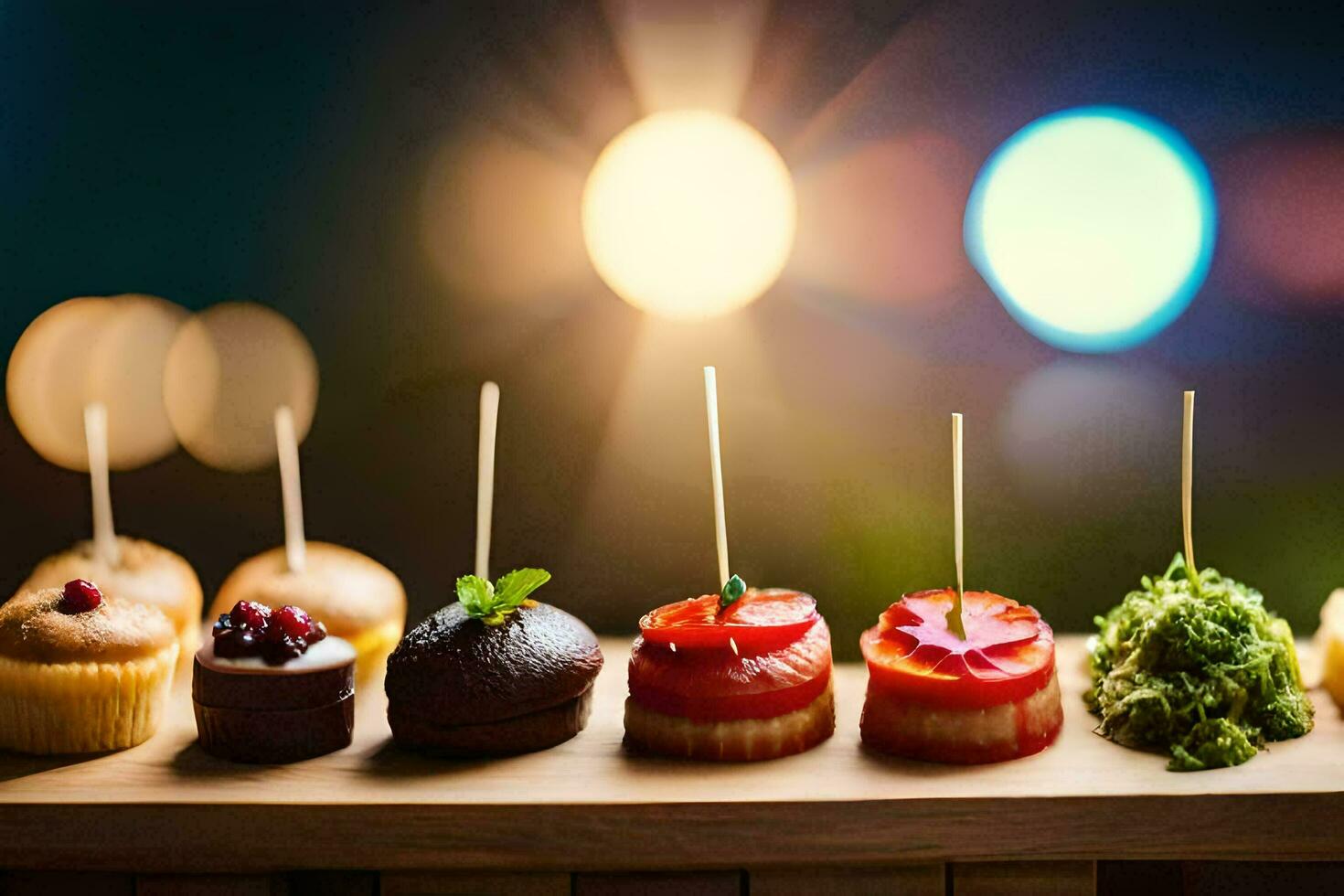 een rij van mini desserts Aan een houten dienblad. ai-gegenereerd foto