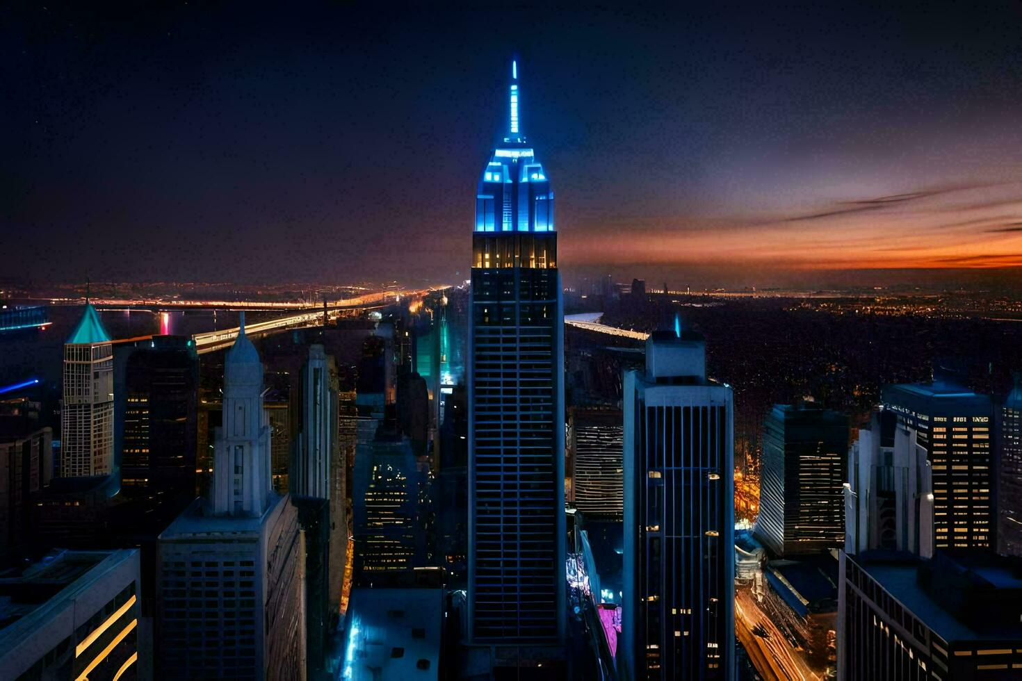 de rijk staat gebouw lit omhoog in blauw. ai-gegenereerd foto