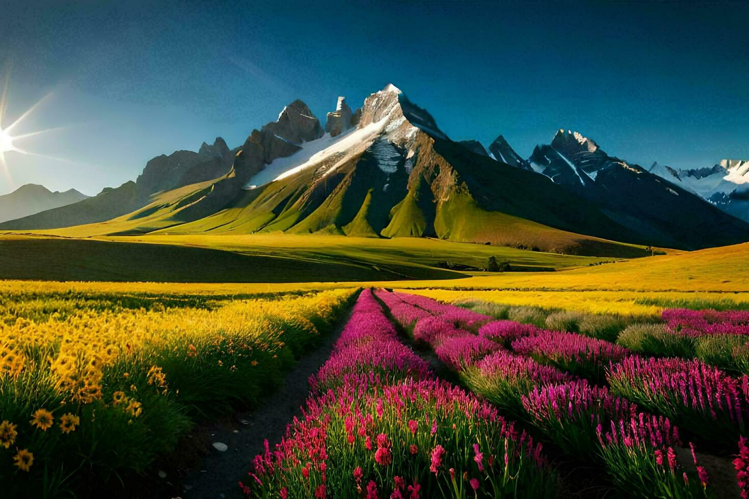 de zon schijnt Aan een veld- van bloemen en bergen. ai-gegenereerd foto