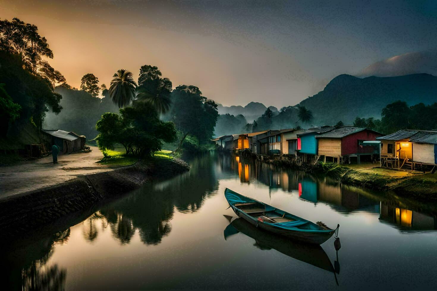 een boot zit Aan de water in voorkant van een dorp. ai-gegenereerd foto