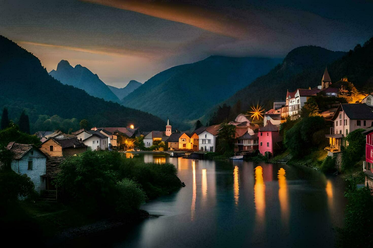 foto behang de lucht, bergen, rivier, dorp, nacht, Slovenië, Europa. ai-gegenereerd