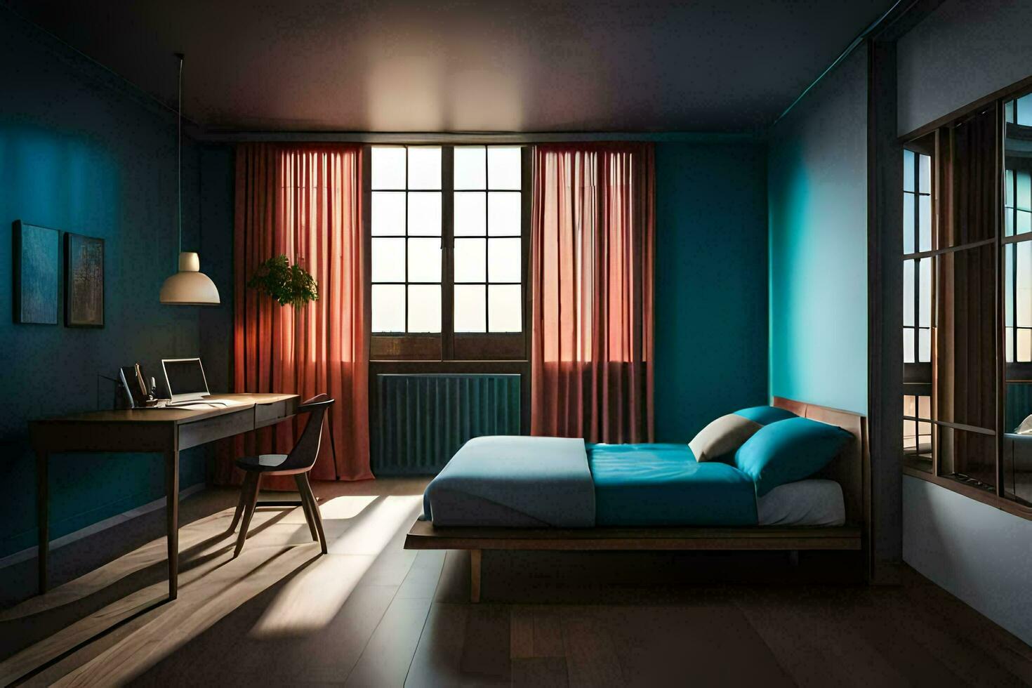 een slaapkamer met blauw muren en hout vloeren. ai-gegenereerd foto