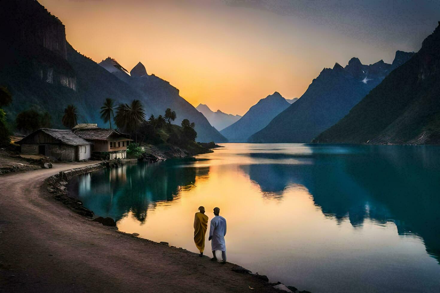 de paar is staand Aan de kust van een meer Bij zonsondergang. ai-gegenereerd foto