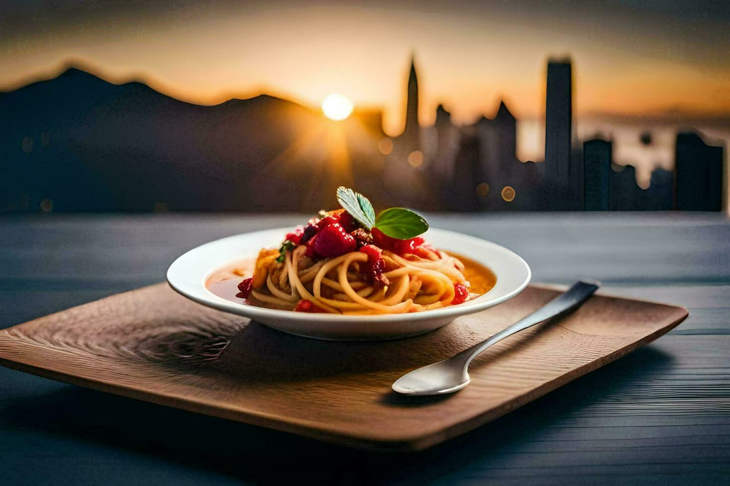 een bord van spaghetti met tomaat saus en een lepel Aan een houten tafel in voorkant van een stad. ai-gegenereerd foto