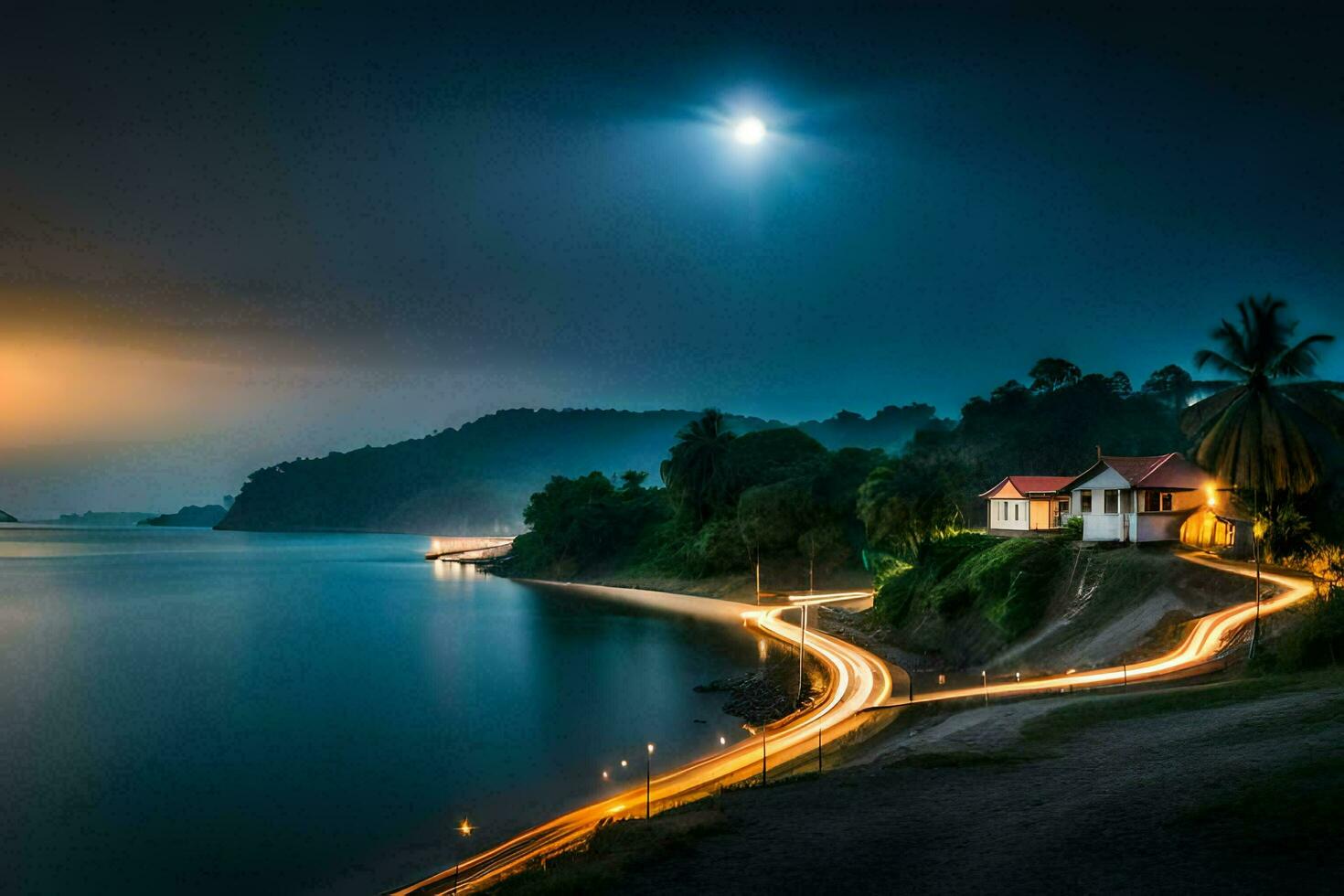 een lang blootstelling fotograaf van een weg en huizen Aan de kust van een meer. ai-gegenereerd foto