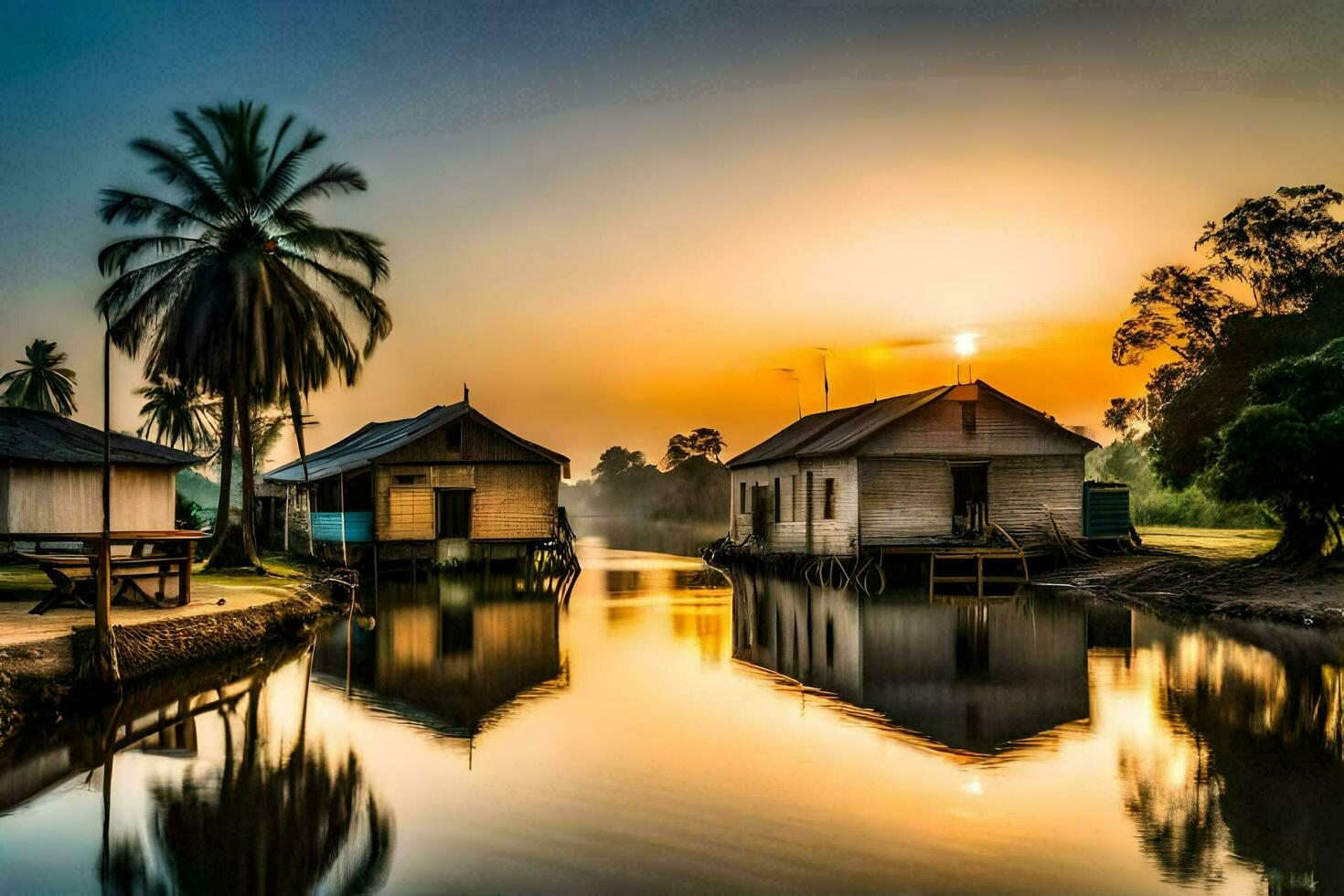 de zon sets over- een rivier- en sommige houten huizen. ai-gegenereerd foto