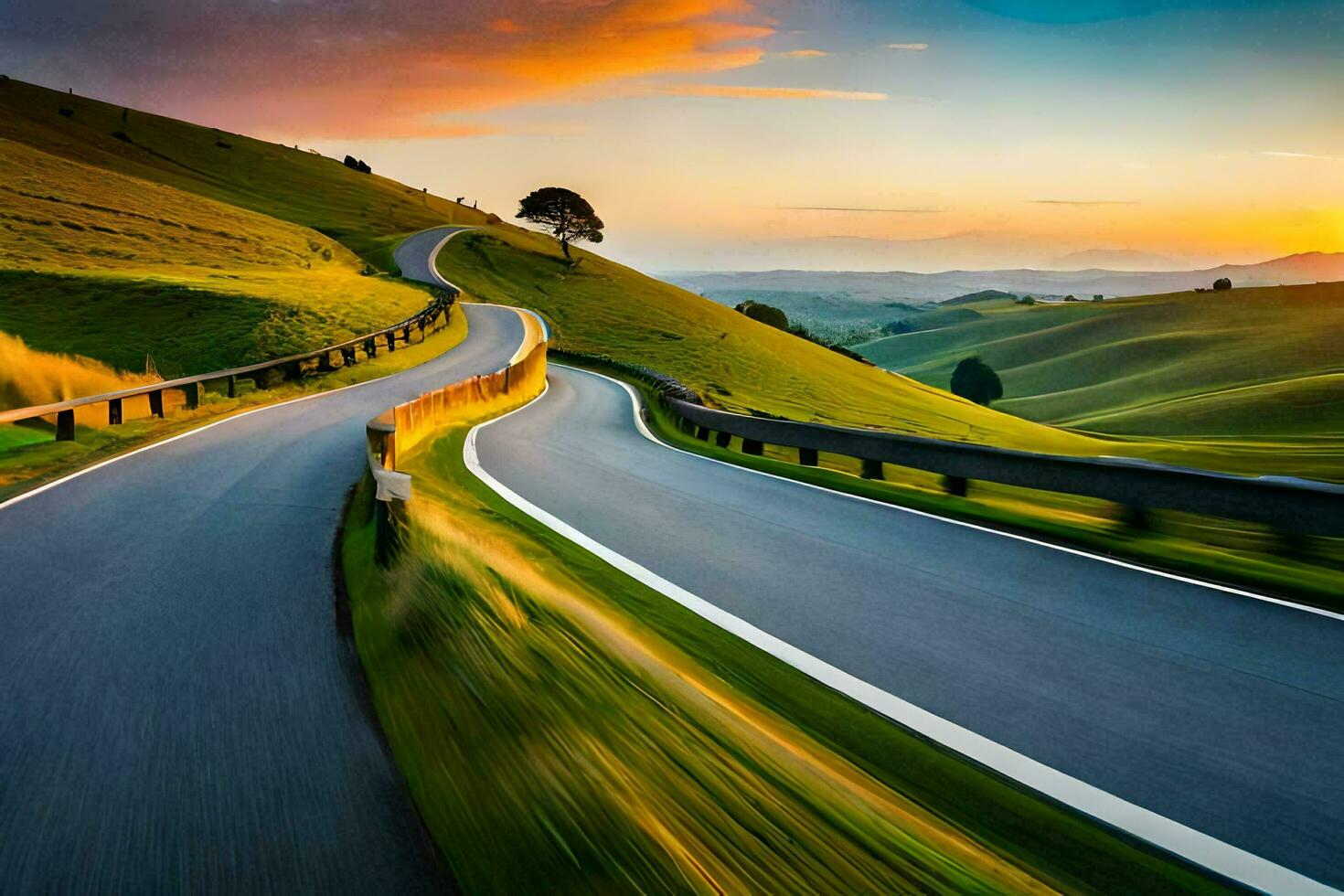 een kronkelend weg in de heuvels met een zonsondergang. ai-gegenereerd foto