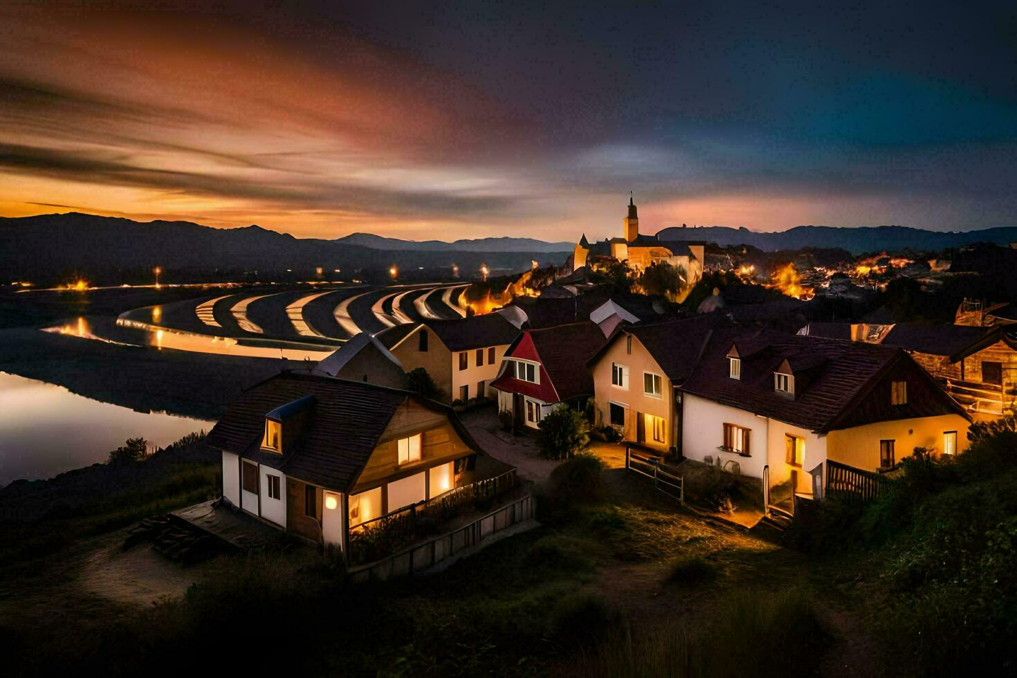 foto behang de lucht, nacht, de water, de bergen, de rivier, de dorp,. ai-gegenereerd