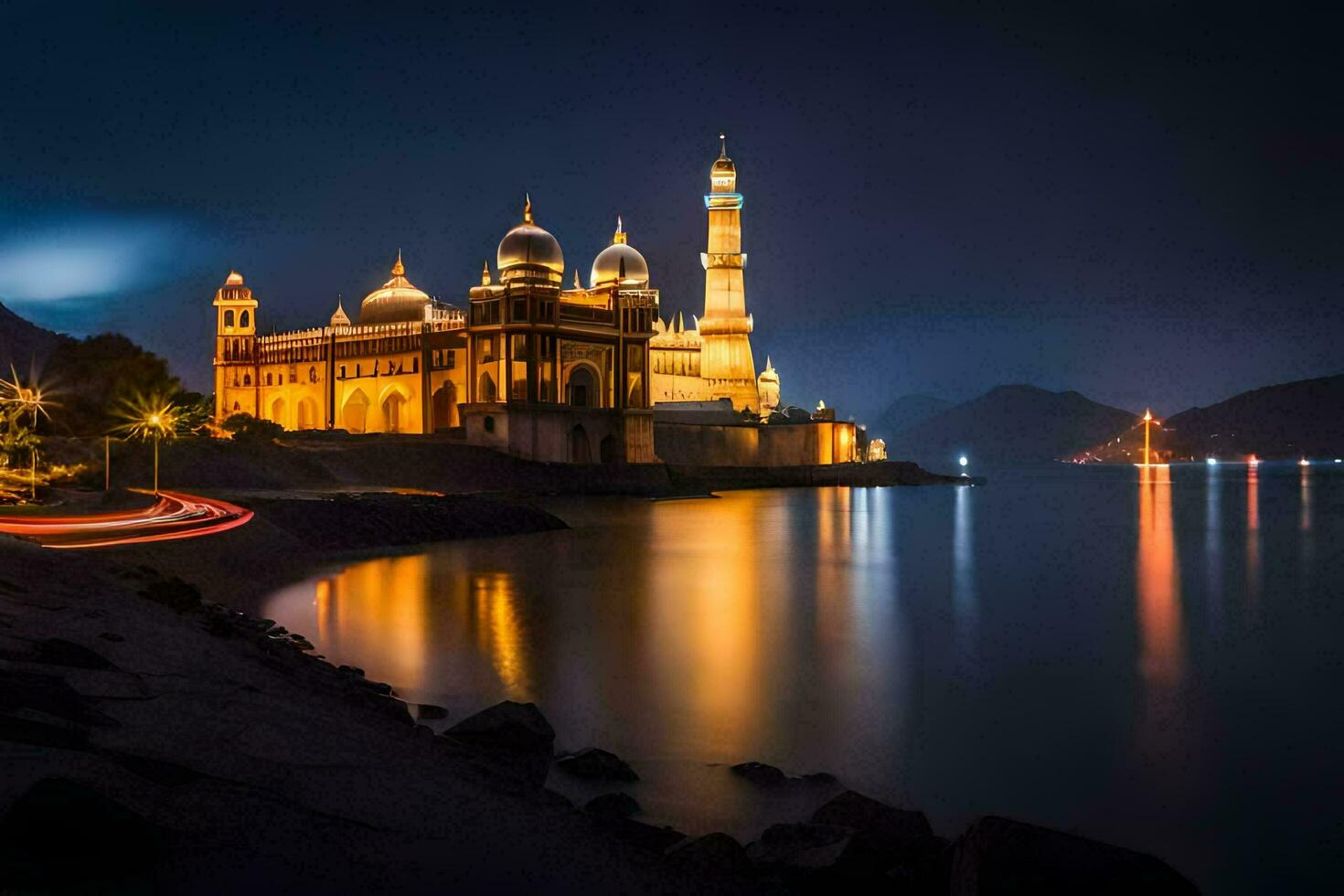 de mooi moskee Bij nacht in Indië. ai-gegenereerd foto