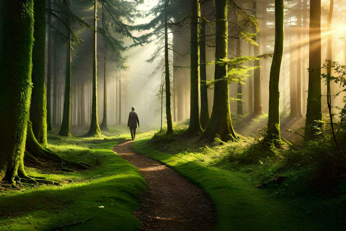 een Mens wandelingen door een Woud met zonlicht schijnend door de bomen. ai-gegenereerd foto