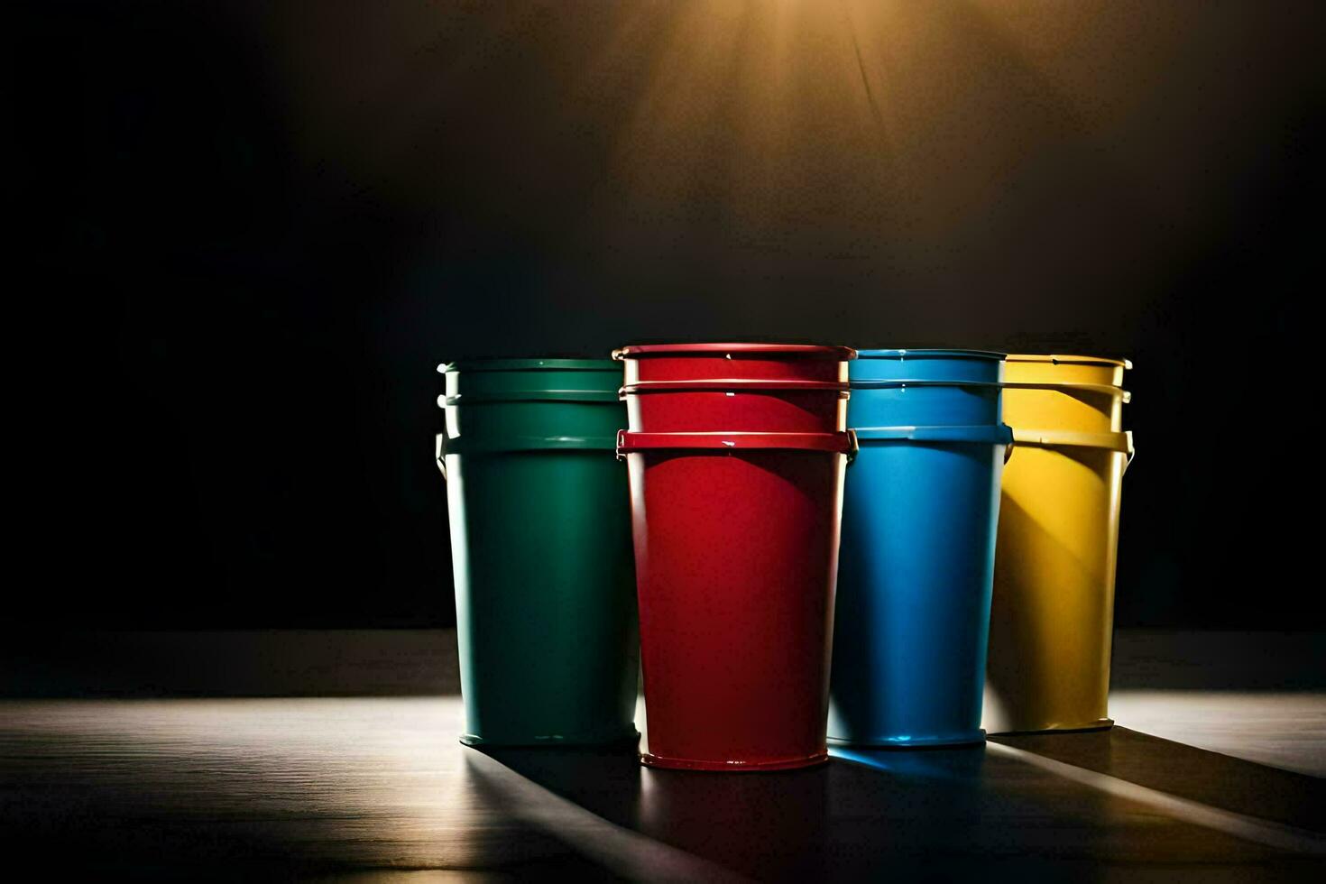 drie kleurrijk plastic containers zijn getoond in voorkant van een licht. ai-gegenereerd foto